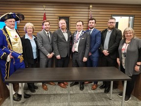 From left, Town Crier Brian Mabee, Coun. Anne-Marie Koiner, Coun. Patrick Kikrby, Coun. Matt Harper, Mayor John Beddows, Coun. Colin Brown, Coun. David Osmond and Coun. Vicki Leaky in Council Chambers during the Nov. 15, 2022 Inauguration Day at Town Hall in Gananoque. KEITH DEMPSEY