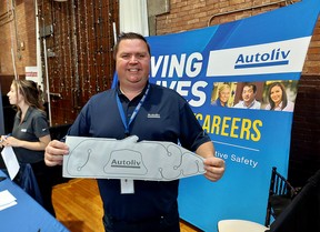 JP Huggins, lean manufacturing coordinator at Autoliv in Tilbury, was glad to have the chance to meet potential employees face-to-face at the Chatham-Kent Community Job Fair Tuesday, held at The Chatham Armory.  PHOTO Ellwood Shreve