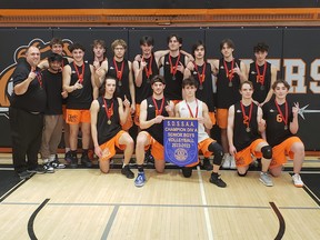 Lasalle Secondary School senior boys volleyball players and staff celebrate their SDSSAA championship.