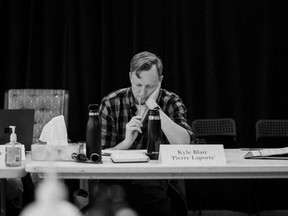 Stratford's Kyle Blair is starring as theatre manager Pierre Laporte in Toronto's Crow's Theatre's upcoming production of playwright Lolita Chakrabarti's Red Velvet. Pictured, Blair participates in a table read of the play on the first day of rehearsals. (Submitted photo)