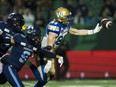 Toronto Argonauts defensive back Royce Metchie (left) breaks up a pass reception intended for Winnipeg Blue Bombers receiver Dalton Schoen during the first half of the Grey Cup game at Mosaic Stadium in Regina on Nov. 20, 2022.