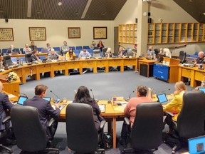 Chatham-Kent council is shown meeting in-person Monday night, for the first time since March 2020. Please see www.chathamdailynews.ca for further council coverage. (Trevor Terfloth/The Daily News)