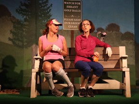The characters of Tate, played by Kerri Heroux, left, and Margot, played by Lynn Shepherd-Adamson, clash in hilarious fashion in HAWK Theatre's fall production, The Ladies Foursome. Photo by Kelly Kenny.
