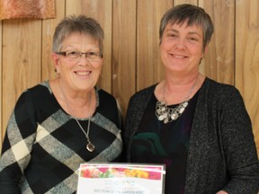 Sharon Nivins, right, receives the Year of the Garden 2022 Garden Hero for the Lucknow Horticultural Society. The Ontario Horticultural Association award celebrates “outstanding people who inspire a love and passion for gardens and gardening.” Elizabeth Irvin made the presentation at the Society’s annual meeting on Nov. 15. Nivins and Irvin are co-presidents of the LHS. Submitted photo.