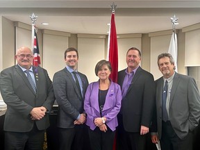 The new Lucan Biddulph council for the 2022-2026 term was sworn in at the inaugural meeting on Tues., Nov. 15. From left are councillors Alex Westman and Jaden Hodgins, Mayor Cathy Burghardt-Jesson, Deputy Mayor Dave Manders and Coun. Daniel Regan. Handout