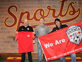 Sarnia FC president Adam Lakey, Refined Fool’s Brandon Huybers and Sarnia FC’s Christian Willemsen will be giving away three Canada jerseys during this year’s FIFA World Cup, the first World Cup Canada has participated in since 1986.
Carl Hnatyshyn/Sarnia This Week