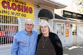 David and Karen Walker, owners of DS Walker Jewellers, are pictured outside their Wallaceburg business on November 9, 2022. They are retiring after 35 years of owning the store.  (Tom Morrison/Chatham this week)