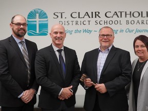 St. Clair Catholic District School Board’s board of trustees met on Nov. 15 for their inaugural meeting. From left to right: vice chair David Argenti, director of education Scott Johnson, board chair John Van Heck and new trustee Jann Tooshkenig.
Handout/Sarnia This Week