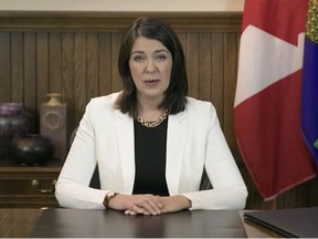 Premier Danielle Smith during her televised address to Albertans on Tuesday, Nov. 22, 2022. Photo via video screenshot