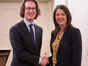 Strathcona-Sherwood Park MLA Nate Glubish with Premier Danielle Smith during the cabinet swearing-in ceremony. As the Minister for Technology and Innovation, he recently received a mandate letter from the premier. Photo supplied
