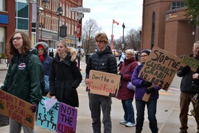 Students, environmental activists and members of the community participated in a climate strike organized by the Stratford District Secondary School Eco Club at Stratford city hall Friday evening.  (Galen Simmons/The Beacon Herald)