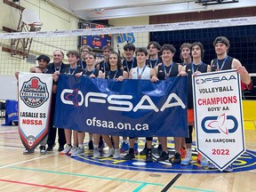 Lasalle Secondary School volleyball players and staff celebrate winning the 2022 OFSAA boys AA championship. Supplied