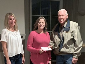 From left, Nicole O'Neill and Jill Robertson of Rural Response for Healthy Children Huron County Christmas Bureau receive a $2,000 donation from the Goderich Circle City Cruizers, represented by treasurer Jim Bentley. Handout