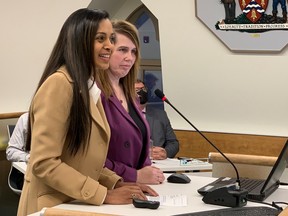 Not Alone Team Quinte Tiny Shelter Project chair Vino Noronha, left, and Debbie Lee Pike, organization founder, asked Belleville city council for $500,000 in seed funding to help build 10 new cabins to house homeless persons and help them get back on their feet.