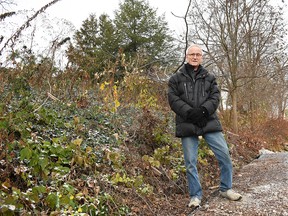 Chatham resident Tony Hill stands on top of a gabion wall structure he built at the edge of his property on the Thames River on Nov. 18, 2022. (Tom Morrison/Chatham This Week)