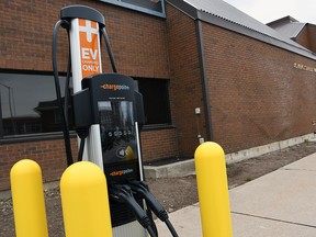 This electric vehicle charging station outside the Chatham-Kent Civic Centre is one of seven being installed across the municipality. (Tom Morrison/Chatham This Week)