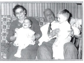 Proud grandparents. Joe's mother and father, Carmina Celotto (1896-1972) and Giuseppe Celotto (1889-1965) with their grandchildren, Cathy and Anthony. Giuseppe arrived at Ellis Island, NY on May 20, 1912. In September 1921, Giuseppe sailed back to Italy and married Carmina at Saint Rocco's Church in their hometown of Morsano al Tagliamento. It’s a 400-year-old church, built by the Celotto family, that stands to this day. The newlyweds returned to Canada – through the port of Quebec City, aboard the passenger ship Montreal – on June 17, 1922. This photo was taken in 1964 in the living room of the Celotto family home at 318 William St. Photo submitted by Joe Celotto