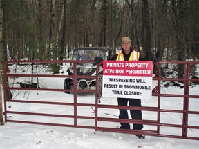 Repeated trespass incidents by ATVers going on private land have resulted in this sign being posted on a specific trail in South River by the Near North Snow Drifters. Club president Jeff Griffith (pictured) said the landowner was ready to revoke snowmobile access and permission to the land because of the repeated violations until the club came up with the wording in the warning sign.