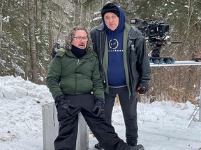 Cinematographer Jay Guerriere (left) and director Frank A. Caruso (right) are pictured on the set of Red Pine City, a new feature film starring Eric Roberts partially shot in Stony Plain. Photo by Delbert Lewis.