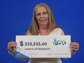 Lesa Horton of Goderich won $333,333 from LOTTO MAX draw on Oct. 7. Submitted