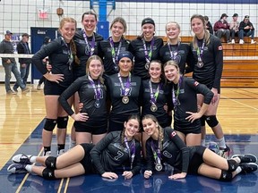 The Chatham 17U Ballhawks won silver medals in the 18U girls’ division at the Ontario Volleyball Association’s Provincial Cup tournament at Ursuline College Chatham in Chatham, Ont., on Saturday, Nov. 12, 2022. The Ballhawks are, front row, left: Audrey O’Hara and Tylar Lessard. Middle row: Sadie Breault, Keaton Kloostra, Brooke Rocheleau and Avery Krouse. Back row: Rowan Guy, Campbell Phaneuf, Teya Meredith, Payton Cundle, Riley Graham and Kaidance Matteis. (Contributed Photo)