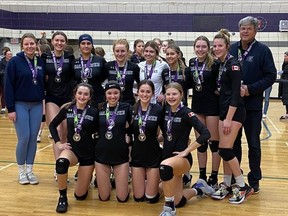 The Chatham 17U Ballhawks win silver medals at Ontario Volleyball’s 17U Girls Provincial Cup in Kitchener, Ont., on Saturday, Nov. 19, 2022. The Ballhawks are, front row, left: Brooke Rocheleau, Payton Cundle, Audrey O’Hara and Avery Krouse. Back row: coach Abby Sluys, Campbell Phaneuf, Keaton Kloostra, Rowan Guy, Teya Meredith, Tylar Lessard, Sadie Breault, Kaidance Matteis and coach Clancy O’Hara. Riley Graham is absent. (Contributed Photo)