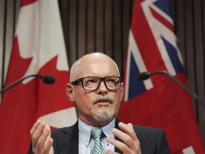 Dr. Kieran Moore, Ontario's Chief Medical Officer of Health speaks at a press conference at Queen’s Park in Toronto on Monday, April 11, 2022. Moore&ampnbsp;says the dominant flu strain this season is a bad one and that's one of the factors he's weighing as he considers a stronger recommendation on masking.&ampnbsp;THE CANADIAN PRESS/Nathan Denette