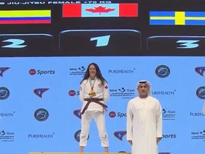 Rain Pfaff of Armstrong Academy of Martial Arts in Chatham, Ont., wins a gold medal at the Ju-Jitsu International Federation world championships in Abu Dhabi, United Arab Emirates, on Wednesday, Nov. 2, 2022. Contributed Photo