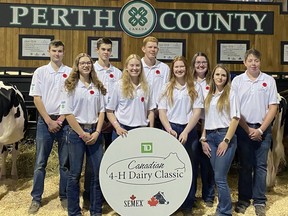 Nine Perth county participants, including three from West Perth, attended the Royal Agricultural Winter Fair Nov. 6-8 in Toronto to compete in the 40th anniversary show of the TD 4-H Dairy Classic. Back row (left): Jordan Hawthorne, Rhett Terpstra (of West Perth), Seth Johnston, Lexi Johnston and Jackson Kaufman (of West Perth). Front row (left): Addison Hyatt, Maddy Dixon (of West Perth), Hannah Johnston and Brianna Marshall.