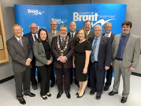 The newly elected council for Brant County is (front) John Bell, Christine Garneau, Mayor David Bailey, Jennifer Kyle, David Miller, Lukas Oakley and (back) Brian Coleman, Robert Chambers, John Peirce, Steve Howes, and John MacAlpine.
