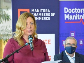 Doctors Manitoba president Dr. Candace Bradshaw speaks during a media event in Winnipeg.
