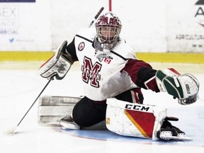 Chatham Maroons goalie Owen Lemieux makes a glove save against the LaSalle Vipers in the third period at Chatham Memorial Arena in Chatham, Ont., on Sunday, Nov. 6, 2022. Mark Malone/Chatham Daily News/Postmedia Network