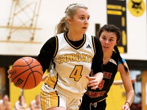 Blenheim Bobcats' Taylor Drewery (4) plays against the North Lambton Eagles during the LKSSAA senior girls' basketball A championship at Blenheim District High School in Blenheim, Ont., on Thursday, Nov. 10, 2022. Mark Malone/Chatham Daily News/Postmedia Network