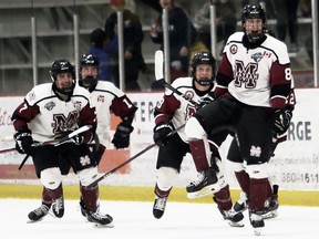 Chatham Maroons' Noah Mathieson (8) celebrates after scoring in overtime to beat the St. Thomas Stars 5-4 at Chatham Memorial Arena in Chatham, Ont., on Sunday, Nov. 13, 2022. Mark Malone/Chatham Daily News/Postmedia Network