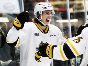 Sarnia Sting's Porter Martone (94) celebrates after scoring his first OHL goal against the Windsor Spitfires in the first period at Progressive Auto Sales Arena in Sarnia, Ont., on Friday, Nov. 18, 2022. Mark Malone/Chatham Daily News/Postmedia Network