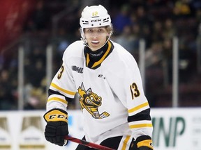Sarnia Sting's Lukas Fischer (13) plays against the Windsor Spitfires in the first period at Progressive Auto Sales Arena in Sarnia, Ont., on Friday, Nov. 18, 2022. Mark Malone/Chatham Daily News/Postmedia Network