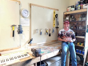 Robin McCormick in his woodworking shop at the FAIM office. His products, from dominoes to Christmas decorations, will be sold at the November 19 FAIM Entrepreneurs' Market. Photo submitted