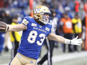Blue Bombers wide receiver Dalton Schoen scores a touchdown in the first half against the B.C. Lions at IG Field.