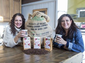 Las Chicas del Cafe owners Valeria Fiallos-Soliman, left, and her sister Maria Fiallos are thrilled to be opening their St. Thomas coffee roasting business to the public once again since shutting down for the pandemic on March 13, 2020. (Derek Ruttan/ The London Free Press)