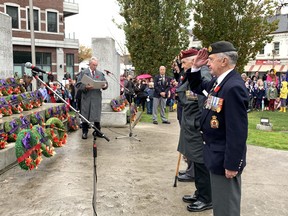 Area veterans were some of the many who placed wreaths at the Paris cenotaph during a damp but well-attended service of remembrance on Friday. Gerry Paxton, left, was the MC and read the list of honourees.