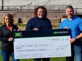 Fundraising has so far gathered more than $25,000 towards repairs to reopen the Victoria Park grandstand. From the left, Tricia Wright, of Nicol Insurance, Hiliary Breadner, president of the Owen Sound Agricultural Society, and 
Matt Brown of Nicol Insurance. (Supplied photo)