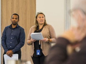 Jeremy Owens, a public health nurse, and Stephanie McFaul, a clinical services program manager specializing in sexual health and harm reduction, conduct a presentation to the Hastings and Prince Edward Board of Health on Wednesday about the benefits of drug decriminalization. ALEX FILIPE