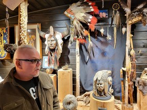David R. Maracle inside his art gallery at the LiL Crow Cabin Courtyard - Eagle Pod Gallery on Tyendinaga Mohawk Territory. (Jan Murphy/Local Journalism Initiative)