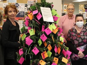 The Victorian Order of Nurses annually decorate Christmas trees with gift envelopes for seniors. From the left in the Trenton Freshco store are Mary Gosselin, VON, Lorraine Blakely,store manager, VON volunteers Bob Cunnell, Lyle Lovely and VON staffers Julien James and Aleena Halliwuashka. JACK EVANS PHOTO