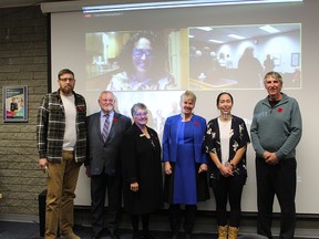 The SD57 board of trustees elected in October of 2022. From left to right: Cory Antrim, Bob Thompson, Betty Bekkering, Gillian Burnett, Erica McLean, Craig Brennan. Rachael Weber is on-screen, top left. Burnett and Bekkering have resigned their seats, as confirmed Saturday.