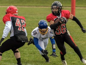 Running back Kruz Korslick (36) has been a key on offence for the Paris District High School senior boys football team, which will play a CWOSSA quarter-final game on Thursday. Submitted