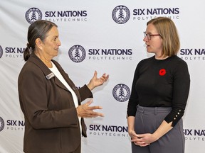Rebecca Jamieson (left), president of Six Nations Polytechnic, talks with Karina Gould, federal Minister of Families, Children and Social Development, on Thursday November 10, 2022. Gould visited the Brantford campus for a roundtable discussion with early childhood education students. Brian Thompson/Brantford Expositor/Postmedia Network