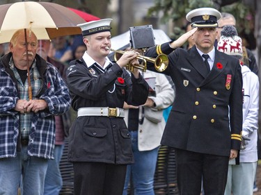Petty Officer First Class Max Downey of the RCSCC Admiral Nelles Sea Cadets plays the Last Post on Friday November 11, 2022 during the Remembrance Day service in Brantford, Ontario. Brian Thompson/Brantford Expositor/Postmedia Network