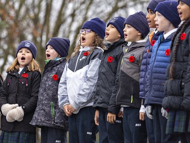 Children in the Braemar House School Choir sing on Friday November 11, 2022 during the Remembrance Day service in Brantford, Ontario. Brian Thompson/Brantford Expositor/Postmedia Network