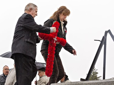 Memorial Cross recipients Rick Leary and Helen Zuidema lay the official wreath during the Remembrance Day service on Friday November 11, 2022 in Brantford, Ontario. Brian Thompson/Brantford Expositor/Postmedia Network
